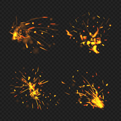 Sticker - Realistic sparks. Fire effects flame little parts glowing particles decent vector bengal burning sparks collection. Spark fire, sparkle light glowing illustration