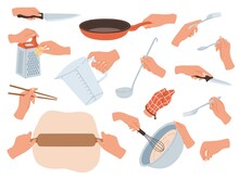 Hands Preparing Food. Cooking Utensils In Female Hands, Restaurant Kitchen Objects. Cutlery, Culinary And Baking Accessories, Knives And Forks, Rolling Pin And Whisk. Cartoon Vector Set