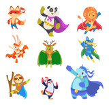 Fototapeta Dinusie - Hero animals. Zoo strong defenders city superheroes in mask cats dogs elephants exact vector flat characters collection set. Illustration character animal fox and deer, panda and lion hero