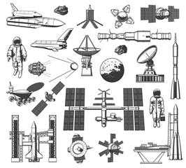 Poster - Outer space explore monochrome vector icons. Universe expedition galaxy adventure. Astronaut, space shuttle and satellites cosmos research. Explorers and alien planet colonization mission retro labels