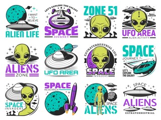 Poster - Aliens, ufo area and space shuttles vector retro icons. Extraterrestrial comer with green skin and huge eyes. Space exploration labels with spaceship in cosmos, saucers in sky, alien zone emblems set