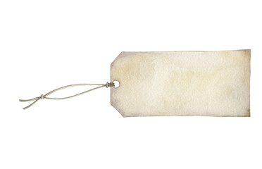 Hand drawn watercolor tag with rope. Element isolated on white.