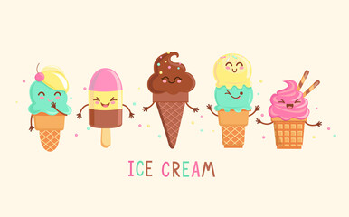 Set of funny cheerful, friendly ice cream characters. Sweet kawaii smiling summer delicacy, tasty colorful sundaes, gelatos with different tasties in cones. Vector illustration.