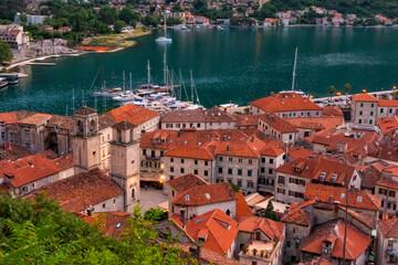 Poster - Red roof houses and boats on the Adriatic coast in the Bay of Kotor, Montenegro