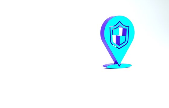 Turquoise Location shield icon isolated on white background. Insurance concept. Guard sign. Security, safety, protection, privacy concept. Minimalism concept. 3d illustration 3D render