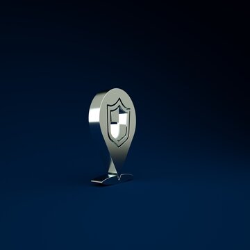 Silver Location shield icon isolated on blue background. Insurance concept. Guard sign. Security, safety, protection, privacy concept. Minimalism concept. 3d illustration 3D render