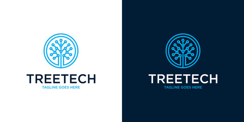 Wall Mural - Tree Technology Network connection creative vector logo. Digital tree logotype concept. Cloud storage icon logo design template