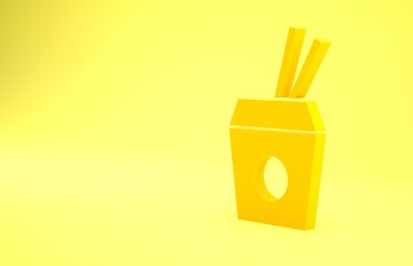 Poster - Yellow Asian noodles in paper box and chopsticks icon isolated on yellow background. Street fast food. Korean, Japanese, Chinese food. Minimalism concept. 3d illustration 3D render