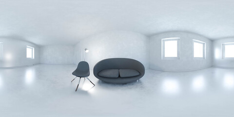 Wall Mural - 360 panorama view of modern minimalistic big living room interior with couch and chair 3d render illustration hdri vr style