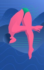 Poster with the diving sportsman. Man in jumping position on a sea blue background. Training or competing in some championship. Simple vector illustration icon in minimalist flat style