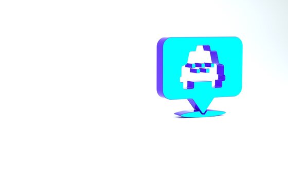 Turquoise Map pointer with taxi icon isolated on white background. Location symbol. Minimalism concept. 3d illustration 3D render