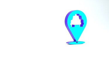 Turquoise Map pointer with taxi icon isolated on white background. Location symbol. Minimalism concept. 3d illustration 3D render