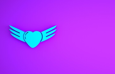 Sticker - Blue Heart with wings icon isolated on purple background. Love symbol. Valentines day. Minimalism concept. 3d illustration 3D render