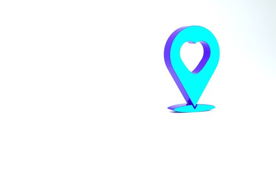 Turquoise Map pointer with heart icon isolated on white background. Valentines day. Love location. Romantic map pin. Minimalism concept. 3d illustration 3D render