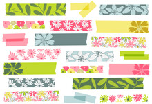 Flower Washi Tape Strips. Set Of Masking Tape, Adhesive Strips Or Stickers. EPS File Has Global Colors For Easy Color Changes And Semitransparent Tape Strips. Spring, Summer, Tropical Floral. Easter.