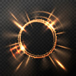 Bright golden flash. Explosion or blast wave. Rotating rings with shine rays. Solar light effect