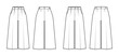 Set of Pants capri technical fashion illustration with low normal waist, high rise, mid-calf length, wide legs, seam pockets. Flat trousers apparel template back, white color. Women, unisex CAD mockup