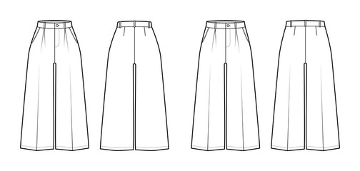 Wall Mural - Set of Pants capri technical fashion illustration with low normal waist, high rise, mid-calf length, wide legs, seam pockets. Flat trousers apparel template back, white color. Women, unisex CAD mockup