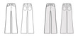 © Vectoressa - Set of Jeans wide leg Denim pants technical fashion illustration with full length, low waist, rise, Rivets. Flat bottom template front, back, white, grey color style. Women, men, unisex CAD mockup