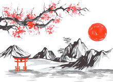 Japan Traditional Sumi-e Painting. Fuji Mountain, Sakura, Sunset. Japan Sun. Indian Ink Vector Illustration. Japanese Picture.