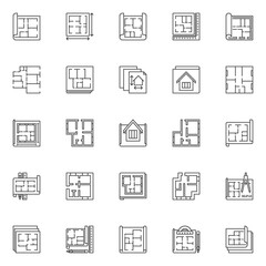 Poster - House Plan outline icons set. Vector House or Apartment Project On Blueprint concept line symbols or design elements