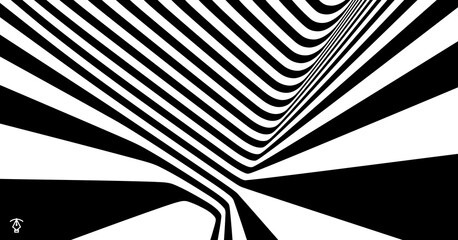 Wall Mural - The geometric background by stripes. Black and white modern pattern with optical illusion. 3d vector illustration for brochure, annual report, magazine, poster, presentation, flyer or banner.