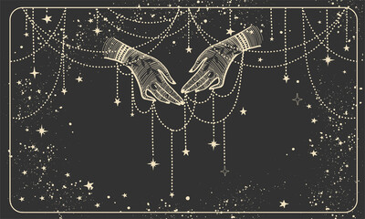 Wall Mural - Two hands with precious threads on a black cosmic background. Boho design for palmistry, fortune teller divination, witch. Magic vector line illustration.