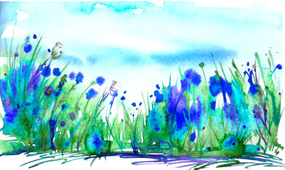 Watercolor painting, landscape. A picture of a flower field against a blue sky. Blue, purple flowers, cornflowers,iris, wild grasses, plants. Wild landscape. Vintage illustration for your design