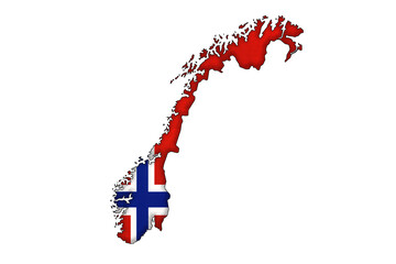 Wall Mural - Norway border silhouette with national flag. Contour country on geography map.