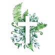 Watercolor illustration. Cross with leaves, eucalyptus, herbs. Baptism, easter, church, Christianity, cards, invitations 