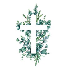 Watercolor Illustration. Cross With Leaves, Eucalyptus, Herbs. Baptism, Easter, Church, Christianity, Cards, Invitations 