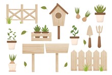 Set Spring Gardening Wooden Fence, Birdhouse, Flowerpot, Hyacinth And Wooden Box Isolated On White Background. Textured, Detailed Objects Decoration, Beige Elegant Colour In Cartoon Style.
