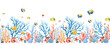 Beautiful seamless horizontal underwater pattern with watercolor sea life colorful corals and fish. Stock illustration.