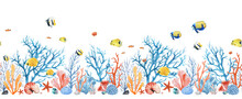 Beautiful Seamless Horizontal Underwater Pattern With Watercolor Sea Life Colorful Corals And Fish. Stock Illustration.