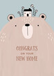 Hand drawn illustration of whimsical bear and little house, with texts of 