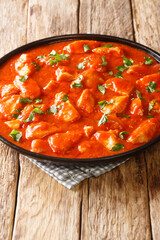 Garlic and Tomato Sauce Chicken Ostropel closeup in the plate on the table. Vertical