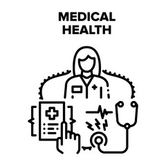 Poster - Medical Health Vector Icon Concept. Medical Health Examination With Stethoscope Doctor Professional Equipment, Medicine Worker Checking Patient Insurance And Document Black Illustration