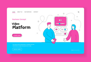 Poster - Man and woman watching video online. Banner template. Flat line vector illustration