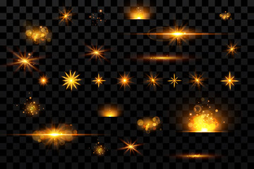 light effects set, golden stars, bokeh,glittering particles.