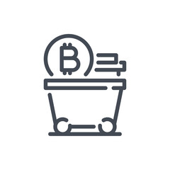 Poster - Bitcoin mining line icon. Mine cart with stack of bitcoin coins vector outline sign.