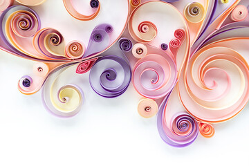 Wall Mural - Abstract floral background from quilling paper colored stripes on a white background with copy space. Filigree paper art hobby. Panel from quilling paper in pink and purple tones.