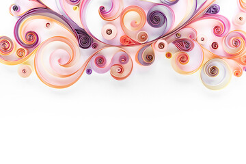 Wall Mural - Quillind paper abstract floral banner flat lay with copy space. Hobby quilling paper concept. Filigree paper background from scrolled strips of colored paper in pink and purple tones.