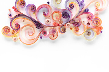 Wall Mural - Quilling paper abstract floral background top view with copy space. Filigree paper hobby. Quilling paper banner. 3d panel of curls and rolls of scrolled paper strips in pink and purple tones.