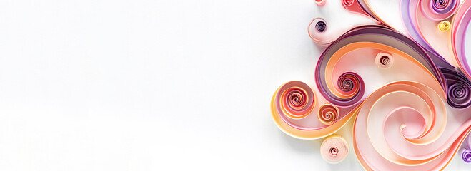 Wall Mural - Quilling paper art long banner on white background with copy space. Filigree paper hobby header. Elegant curls and rolls from colored paper for abstract panels.