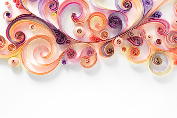 Wall Mural - Quilling paper abstract background with copy space. Filigree paper floral banner. Hobby concept. Strips of colored paper are twisted into rolls and curls on a white background.
