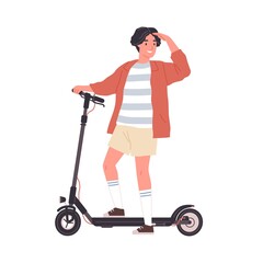 Sticker - Modern boy riding electric walk scooter. Happy active teenager driving eco urban transport. Colored flat vector illustration isolated on white background