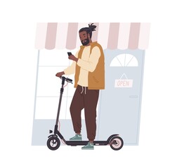 Sticker - African American young man standing with mobile phone and electric walk scooter. Modern male character riding eco urban transport. Colored flat vector illustration isolated on white background