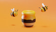 Sweet little bees flying around a pot of honey. 3D illustration. Vector
