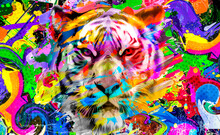 Tiger Head With Creative Abstract Elements On Dark Background