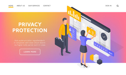 Poster - Banner of privacy protection website isometric vector illustration. Banner template